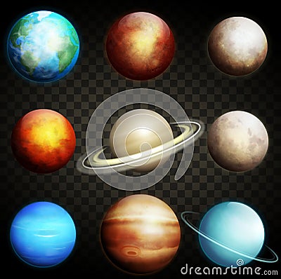 Planets of the solar system isolated on a transparent background. Set of realistic planets vector Vector Illustration