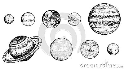 Planets in solar system. moon and the sun, mercury and earth, mars and venus, jupiter or saturn and pluto. astronomical Vector Illustration