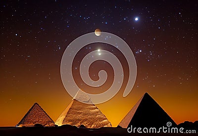 Planets of the solar system over the pyramids of Giza. AI Generated Stock Photo