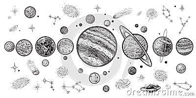 Planets and space hand drawn vector illustration. Solar system with satellites. Vector Illustration