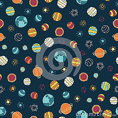 Planets and stars seamless vector background. Doodle space galaxy design. Red, orange, yellow, blue on a dark blue background. Vector Illustration