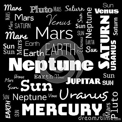 planets word cloud, word cloud use for banner, painting, motivation, web-page, website background, t-shirt & shirt printing, Cartoon Illustration