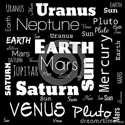 planets word cloud, word cloud use for banner, painting, motivation, web-page, website background, t-shirt & shirt printing, Cartoon Illustration