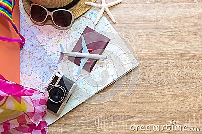 Planing Summer traveling passport with old suitcase, camera vintage and Fashion woman swimsuit Bikini, fish star, sun glasses, hat Stock Photo