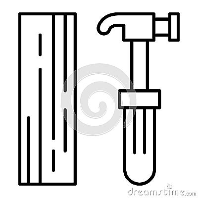 Plank and hammer thin line icon. Construction vector illustration isolated on white. Work tool outline style design Vector Illustration