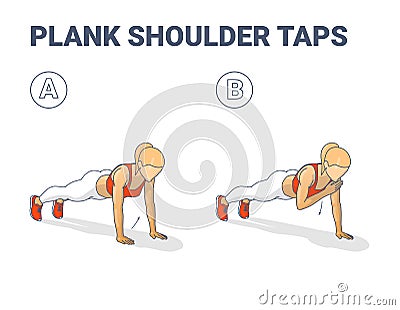 Plank Shoulder Taps Female Home Workout Exercise Guidance. Woman Doing Shoulder Touches from Plank Vector Illustration