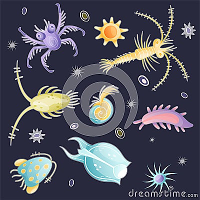 Plankton Diverse Water Organism Free Floating on Dark Background Vector Set Vector Illustration