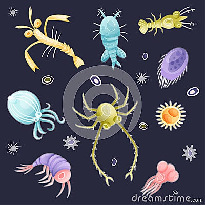 Plankton Diverse Water Organism Free Floating on Dark Background Vector Set Vector Illustration