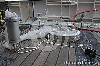 Plankton net aboard a research vessel Stock Photo