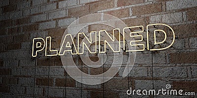 PLANNED - Glowing Neon Sign on stonework wall - 3D rendered royalty free stock illustration Cartoon Illustration