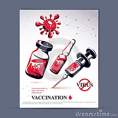 Planned immunization flyer template. Vector illustration of disposable syringe, bottle and ampoule with medicine isolated on whit Vector Illustration