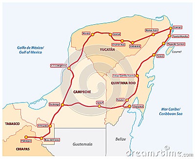 Planned route of the Mayan Train in Mexico Vector Illustration