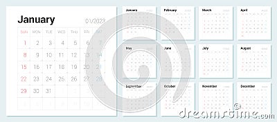 2023 Simple Calendar week start Sunday corporate design. Vector Illustration