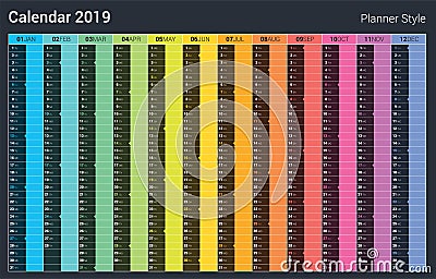 Planner 2019 Calendar design. Vector Full color style. Sunday weekend. Vector Illustration