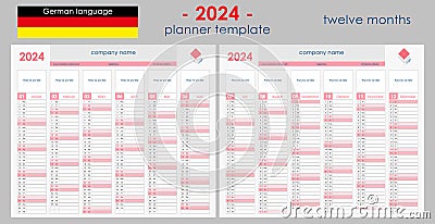 2024 Planner Calendar. Wall organizer, yearly planner template. Vector, German Stock Photo