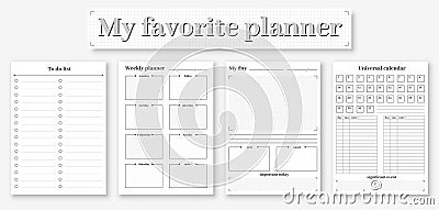 Planner diary printed page template bw flat set Vector Illustration