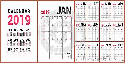 Planner 2019. English calendar template. Vector calender grid. O Vector Illustration