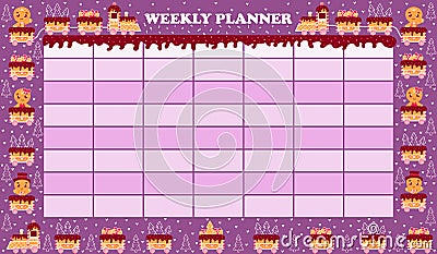 Planner for kids with colourful gingerbread train and characters, chocolate icing, printable christmas timetable Vector Illustration