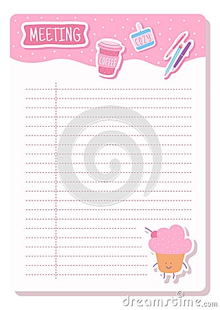 Planner list. Meeting reminder, pink colors, cute maffin, different pens, takeaway coffee, cozy mood. Frame for text Vector Illustration