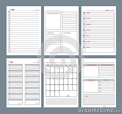Planner pages. Notebook agenda diary vertical pages template goals organizer vector designs Vector Illustration