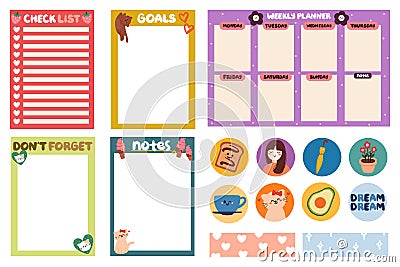 Collection of note paper, planner stickers, to do list for weekly or daily planner, school scheduler and organizer Vector Illustration