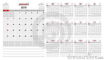Planner 2019 with monthly Calendar on white background Vector Illustration