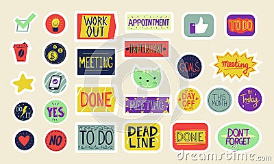 Planner stickers. Cartoon marks for notebook or diary, agenda and reminder. Isolated attention or motivation symbols Stock Photo