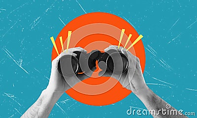 Planning and analytics, art collage. Hands holding binoculars on blue background with orange circle Stock Photo