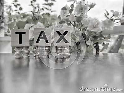 Tax-filling concept - Tax word on wooden blocks with stack of coins background Stock Photo