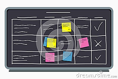 Planning board with sticky notes. Task board with table scheme and office schedule. Vector Illustration