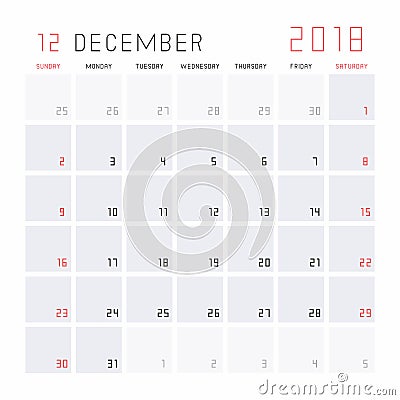 Calendar December 2018 Vector Illustration