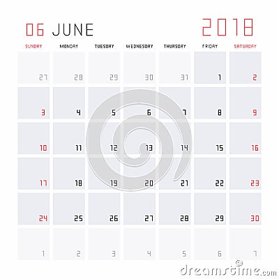 Calendar June 2018 Vector Illustration