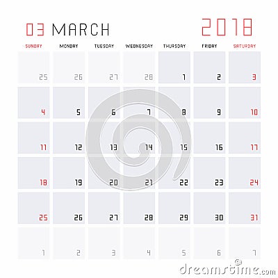 Calendar March 2018 Vector Illustration