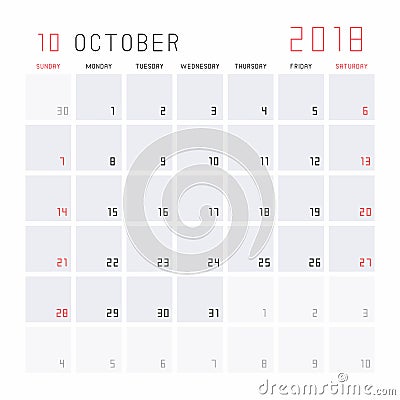 Calendar October 2018 Vector Illustration