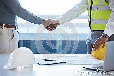 Planning handshake, meeting and builders with a deal for a maintenance contract or agreement. Thank you, support and an Stock Photo
