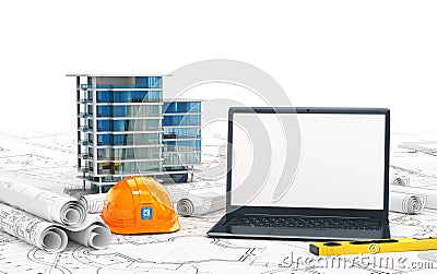 Planning of the house, drawing projects, a helmet and an open laptop with a blank screen Cartoon Illustration