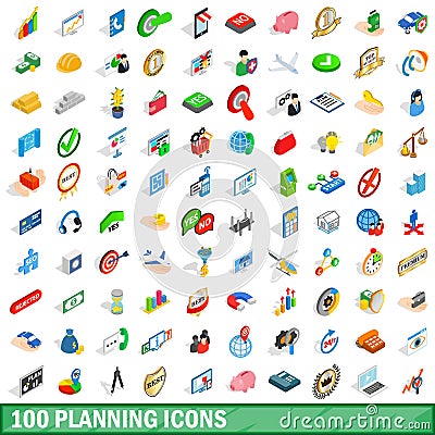 100 planning icons set, isometric 3d style Vector Illustration