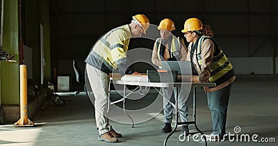 Planning, laptop or factory people, architect or team cooperation on manufacturing design, renovation or construction Stock Photo