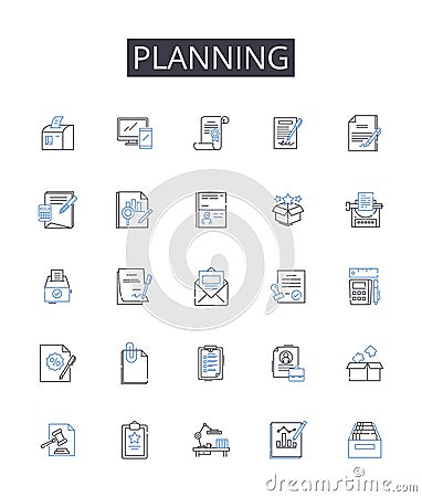 Planning line icons collection. Preparing, Organizing, Scheduling, Strategizing, Mapping out, Creating blueprints Vector Illustration