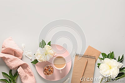 Planning with morning coffee cup, white peonies. Stock Photo