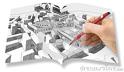 Planning a new city - Engineer-architect drawing with a pencil a sketch of a new modern imaginary town- Real opened book concept Stock Photo