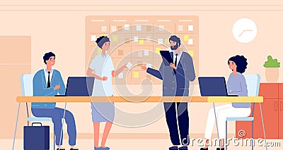 Planning office meeting. Team presentation, working business seminar or project. Work plan schedule, staff discussion Vector Illustration