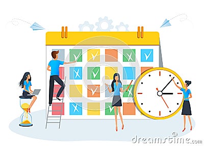 Planning schedule, calendar or planner concept. Teamwork and effective time management Team of business people filling the schedue Vector Illustration