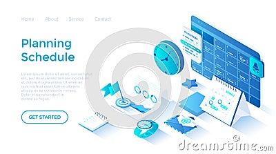 Planning schedule and calendar. Time management, work planning organization application. Reminders of meeting, event. Vector Illustration