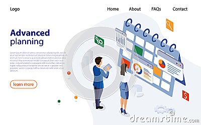Planning schedule concept banner with business people. Web page design templates for advanced planning. Man and woman Vector Illustration