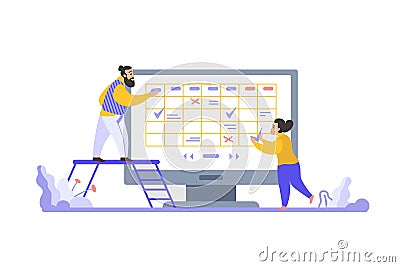 Planning schedule. Huge computer and tiny people scene. Time management concept, to do list organizing, task priority and daytime Vector Illustration