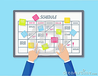 Planning schedule on task board concept. Planner, calendar on whiteboard. List of event for employee. Teamwork, collaboration, Vector Illustration