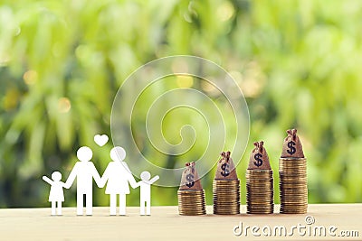 Planning for a secure future and financial status and mitigating taxes concept : Family members, US money bags on rows of rising Stock Photo