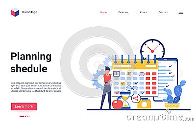 Planning shedule landing page, businessman makes plan of business work task in organizer Vector Illustration