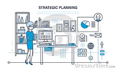 Planning strategy, marketing strategy. Investment growth, management, planning process, meeting. Vector Illustration